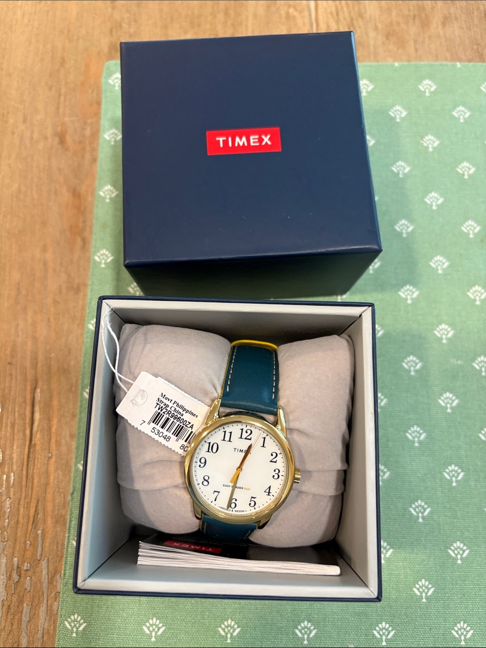 Timex Gold-Tone Case Watch with Teal Strap and Yellow stitching